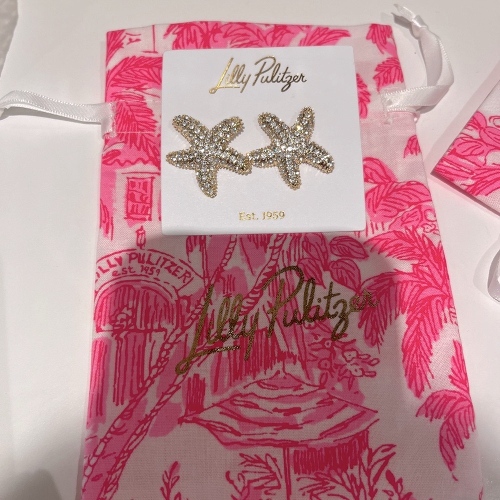 Lilly Pulitzer Gold Starfish Earrings with Pink Pouch